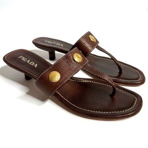 Prada Brown Leather Studded Gladiator Kitten Heel Sandal